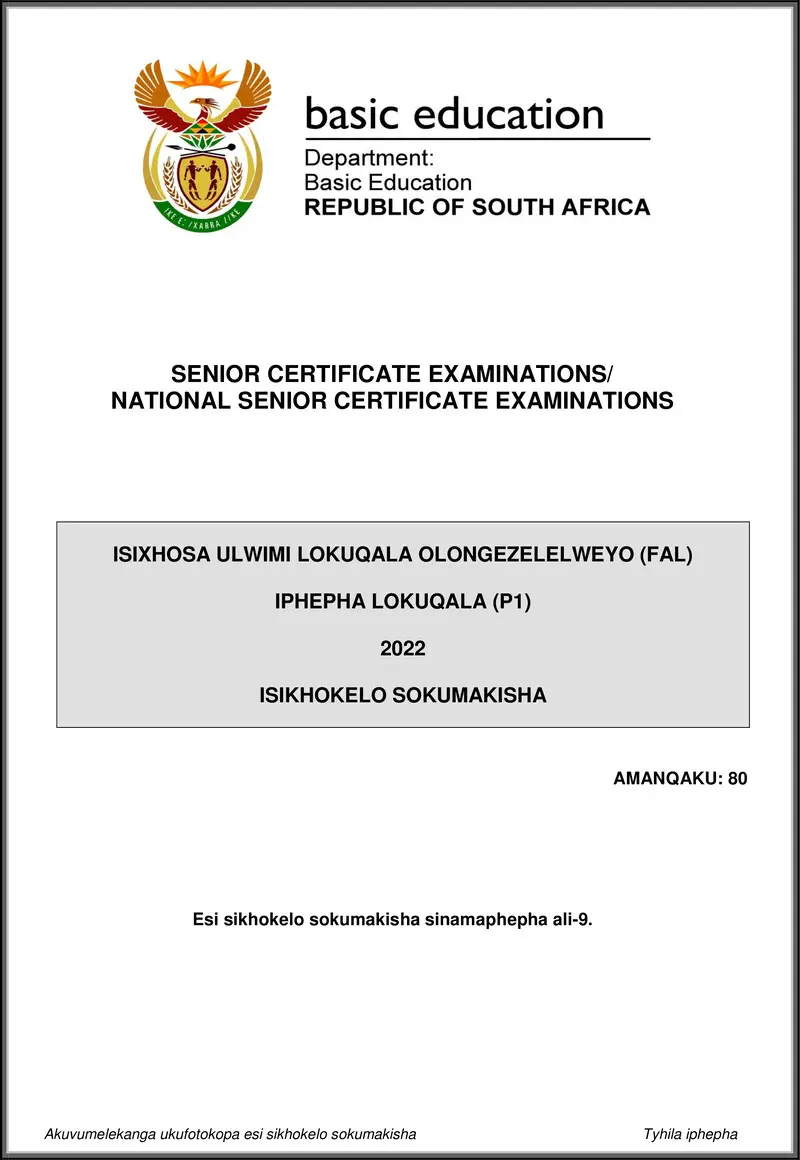 Grade 12 isiXhosa past paper 2022 – isixhosa fal p1 may june 2022 mg gr12