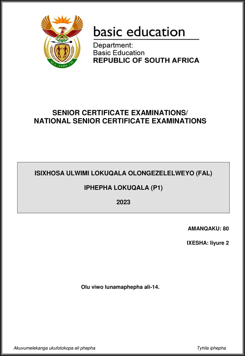 Grade 12 isiXhosa past paper 2023 – isixhosa fal p1 may june 2023 gr12