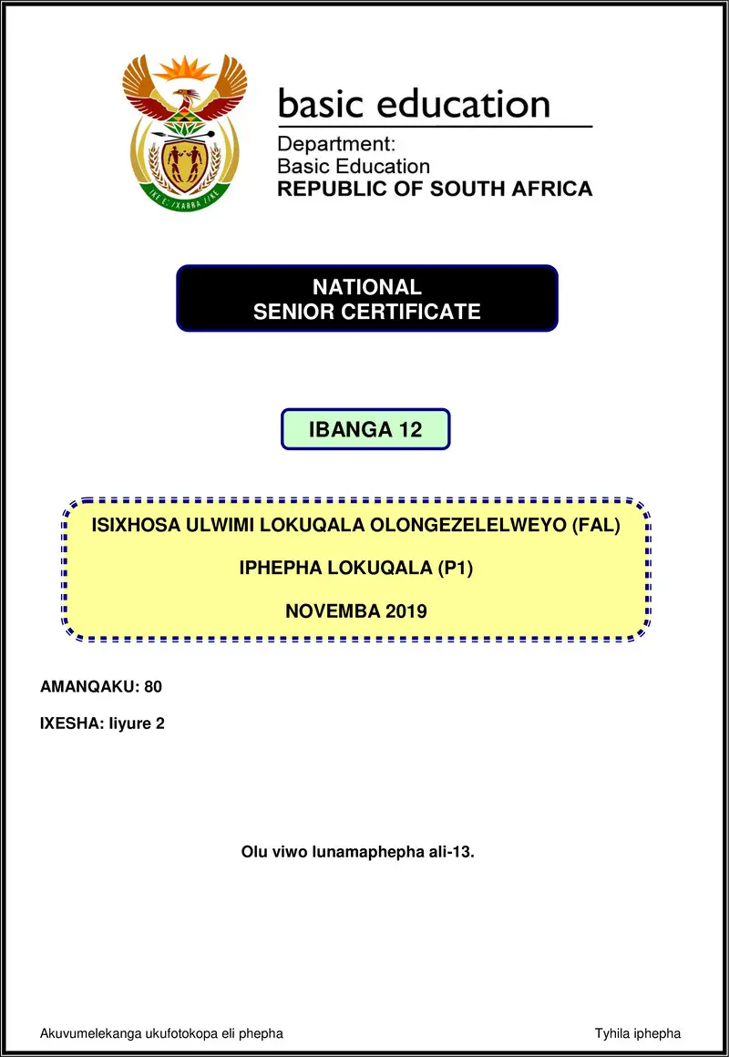 Grade 12 isiXhosa past paper 2019 – isixhosa fal p1 nov 2019 gr12