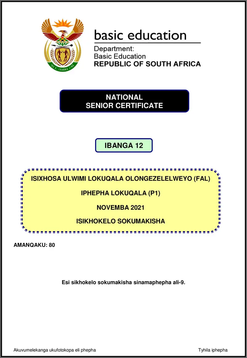 Grade 12 isiXhosa past paper 2021 – isixhosa fal p1 nov 2021 mg gr12