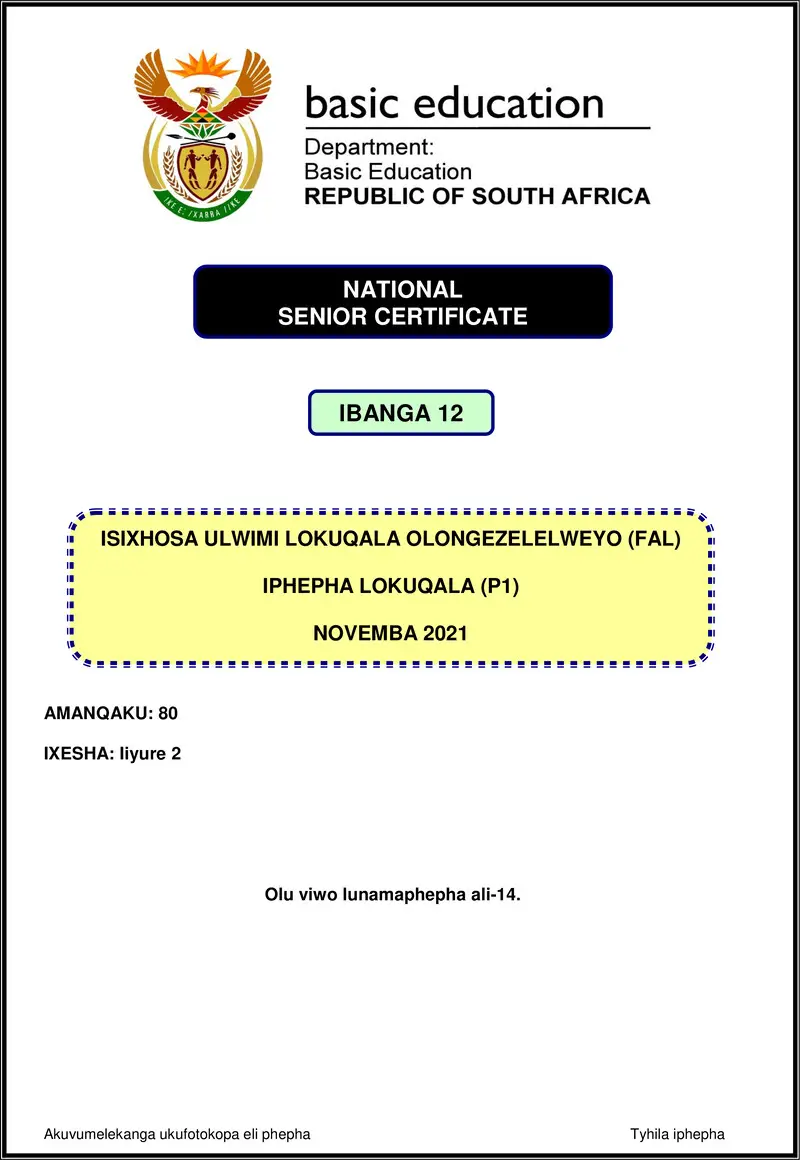 Grade 12 isiXhosa past paper 2021 – isixhosa fal p1 nov 2021 gr12