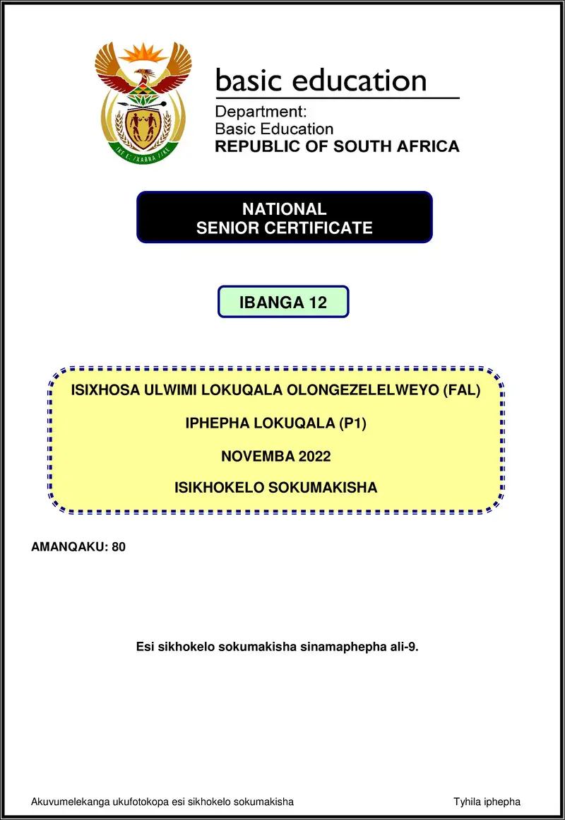 Grade 12 isiXhosa past paper 2022 – isixhosa fal p1 nov 2022 mg gr12