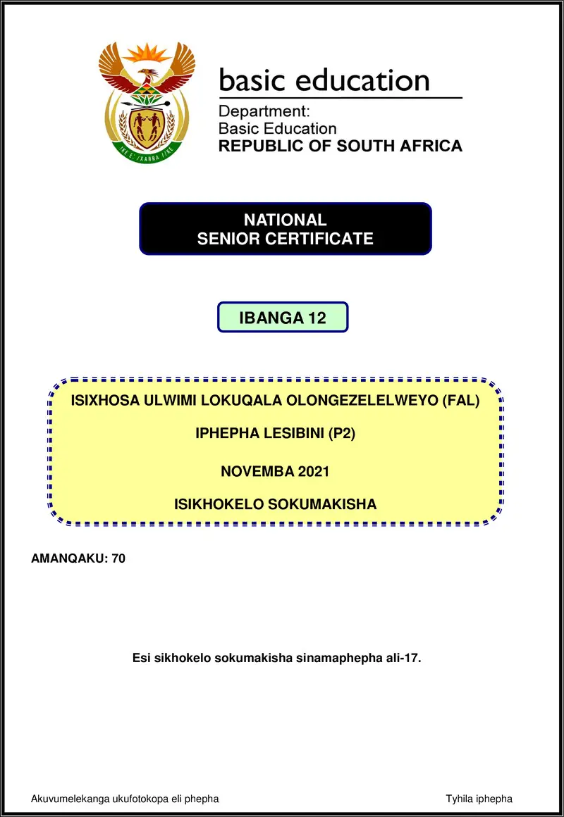 Grade 12 isiXhosa past paper 2021 – isixhosa fal p2 nov 2021 mg gr12