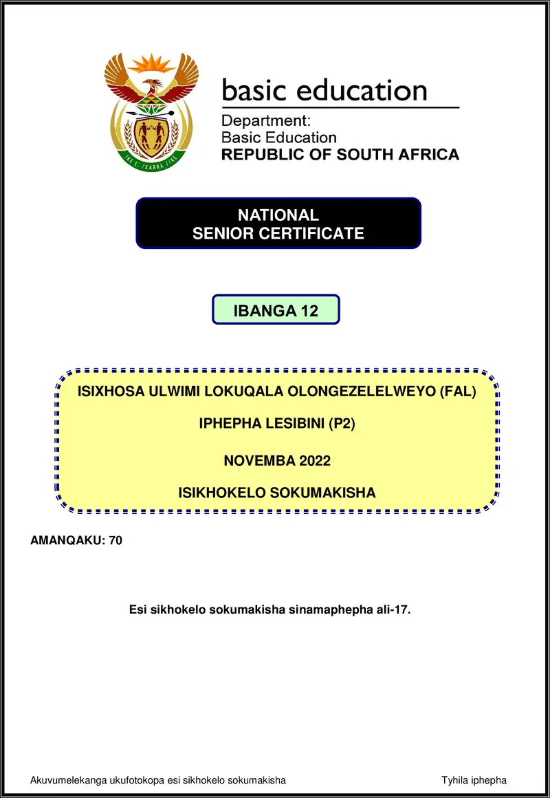 Grade 12 isiXhosa past paper 2022 – isixhosa fal p2 nov 2022 mg gr12