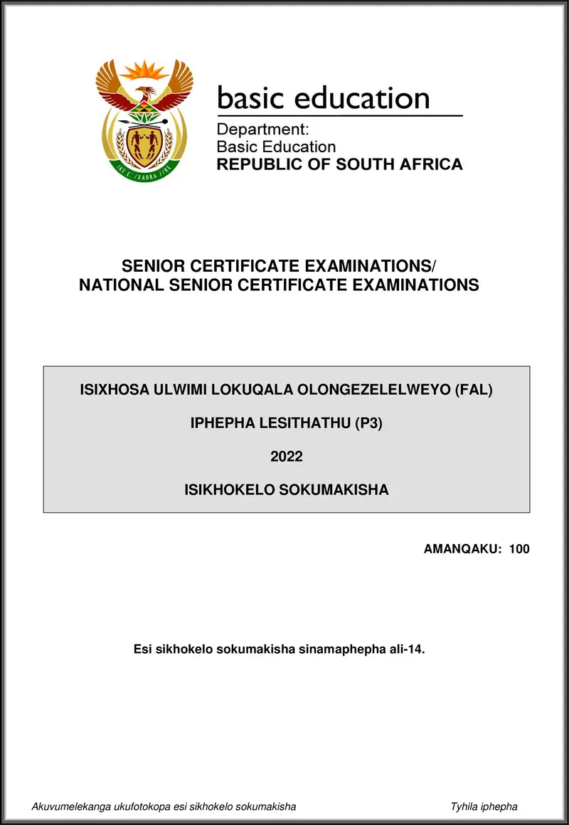 Grade 12 isiXhosa past paper 2022 – isixhosa fal p3 may june 2022 mg gr12