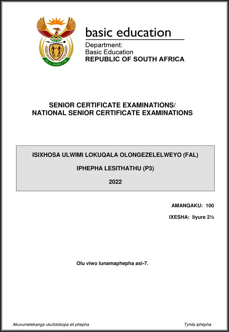Grade 12 isiXhosa past paper 2022 – isixhosa fal p3 may june 2022 gr12