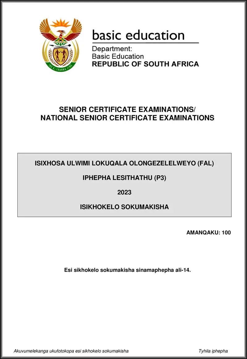 Grade 12 isiXhosa past paper 2023 – isixhosa fal p3 may june 2023 mg gr12