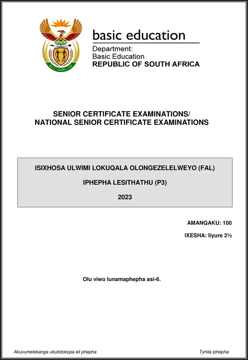 Grade 12 isiXhosa past paper 2023 – isixhosa fal p3 may june 2023 gr12