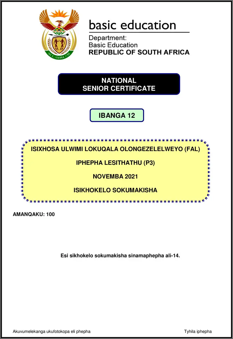 Grade 12 isiXhosa past paper 2021 – isixhosa fal p3 nov 2021 mg gr12