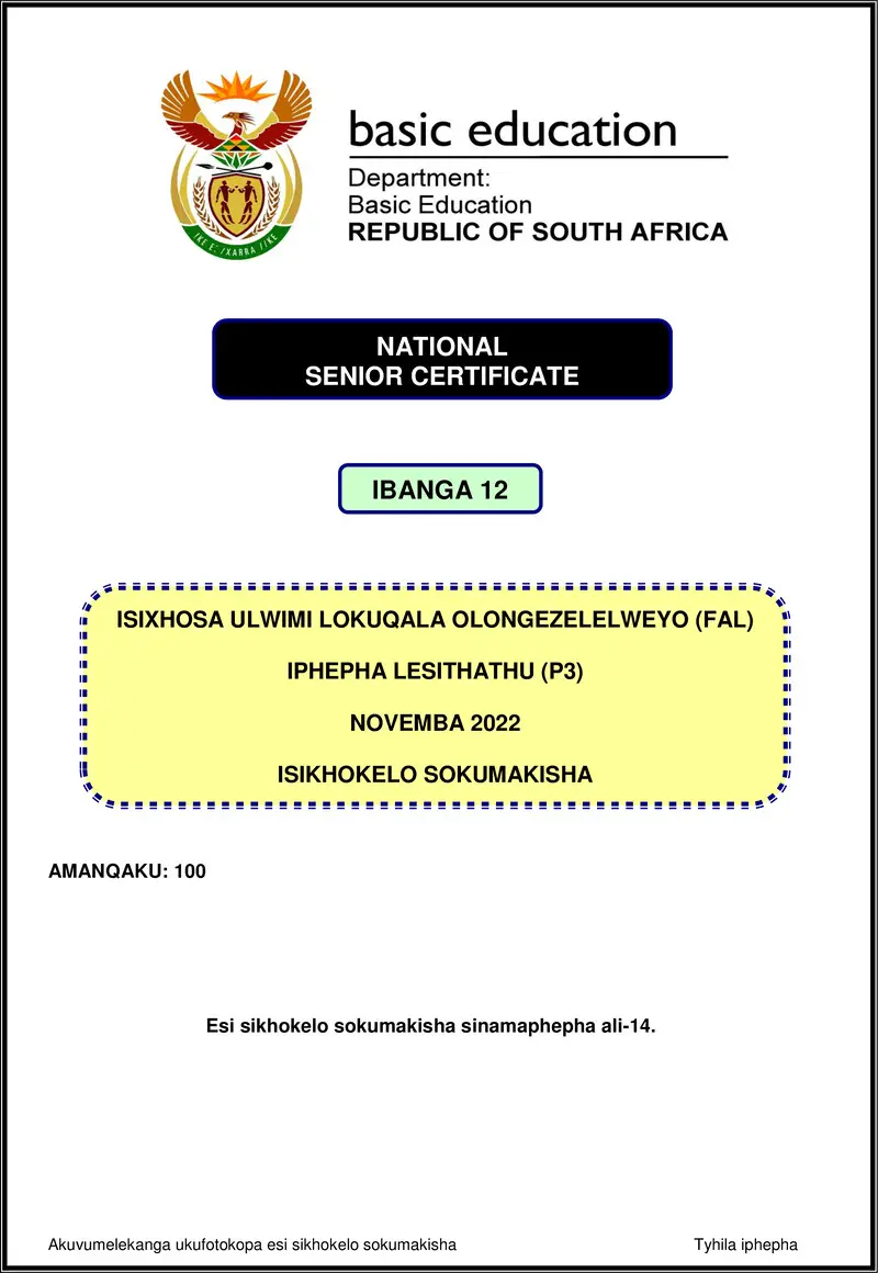 Grade 12 isiXhosa past paper 2022 – isixhosa fal p3 nov 2022 mg gr12