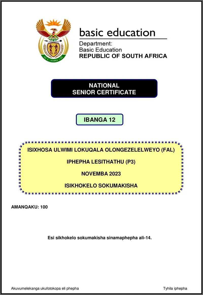 Grade 12 isiXhosa past paper 2023 – isixhosa fal p3 nov 2023 mg gr12