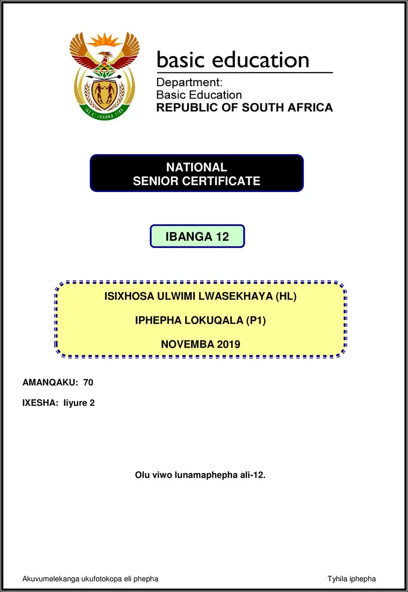 Grade 12 isiXhosa past paper 2019 – isixhosa hl p1 nov 2019 gr12