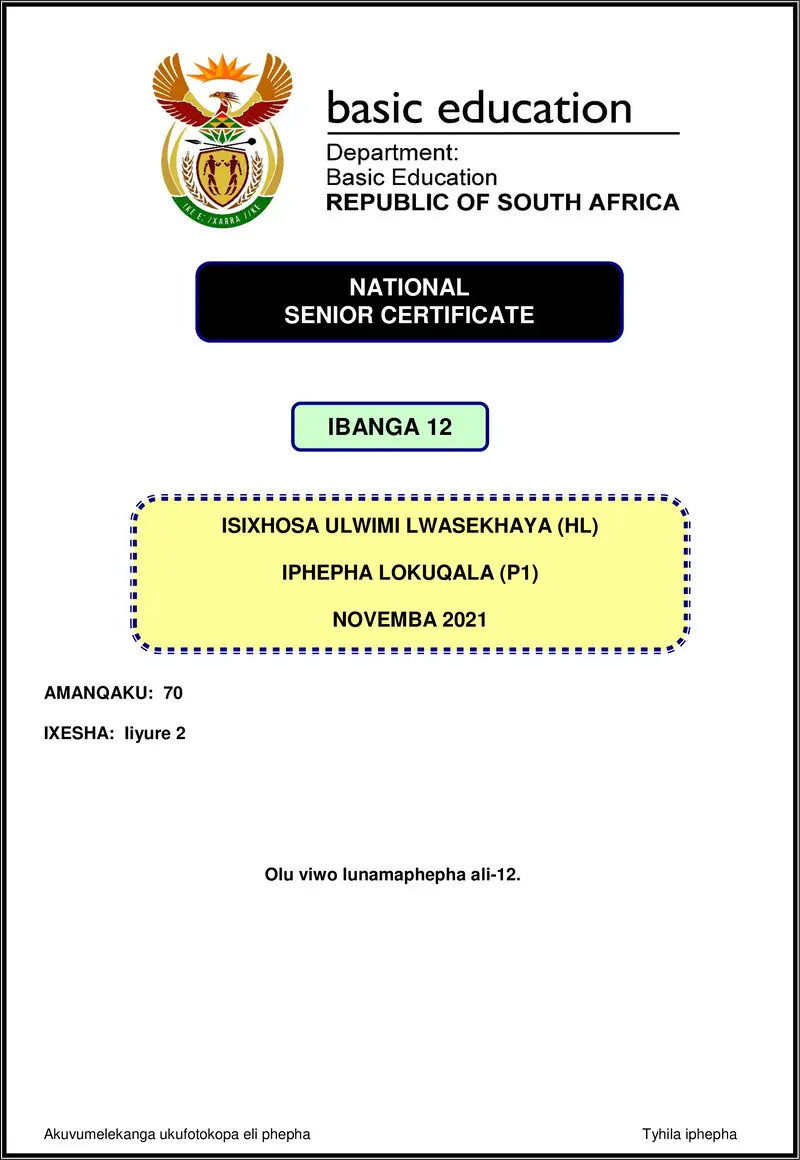 Grade 12 isiXhosa past paper 2021 – isixhosa hl p1 nov 2021 gr12