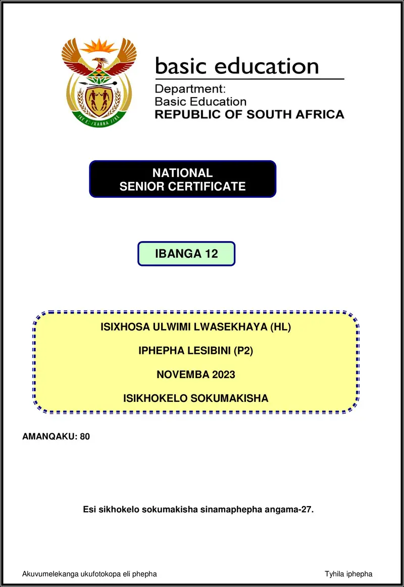 Grade 12 isiXhosa past paper 2023 – isixhosa hl p2 nov 2023 mg gr12