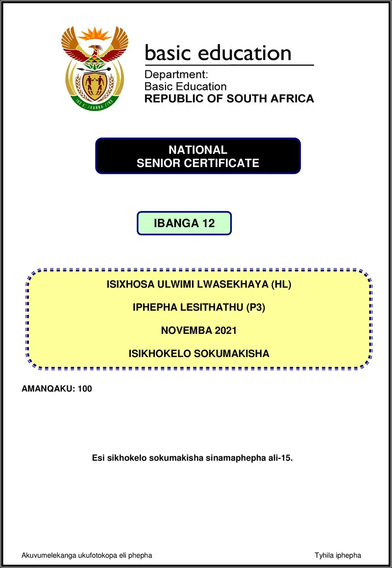 Grade 12 isiXhosa past paper 2021 – isixhosa hl p3 nov 2021 mg gr12