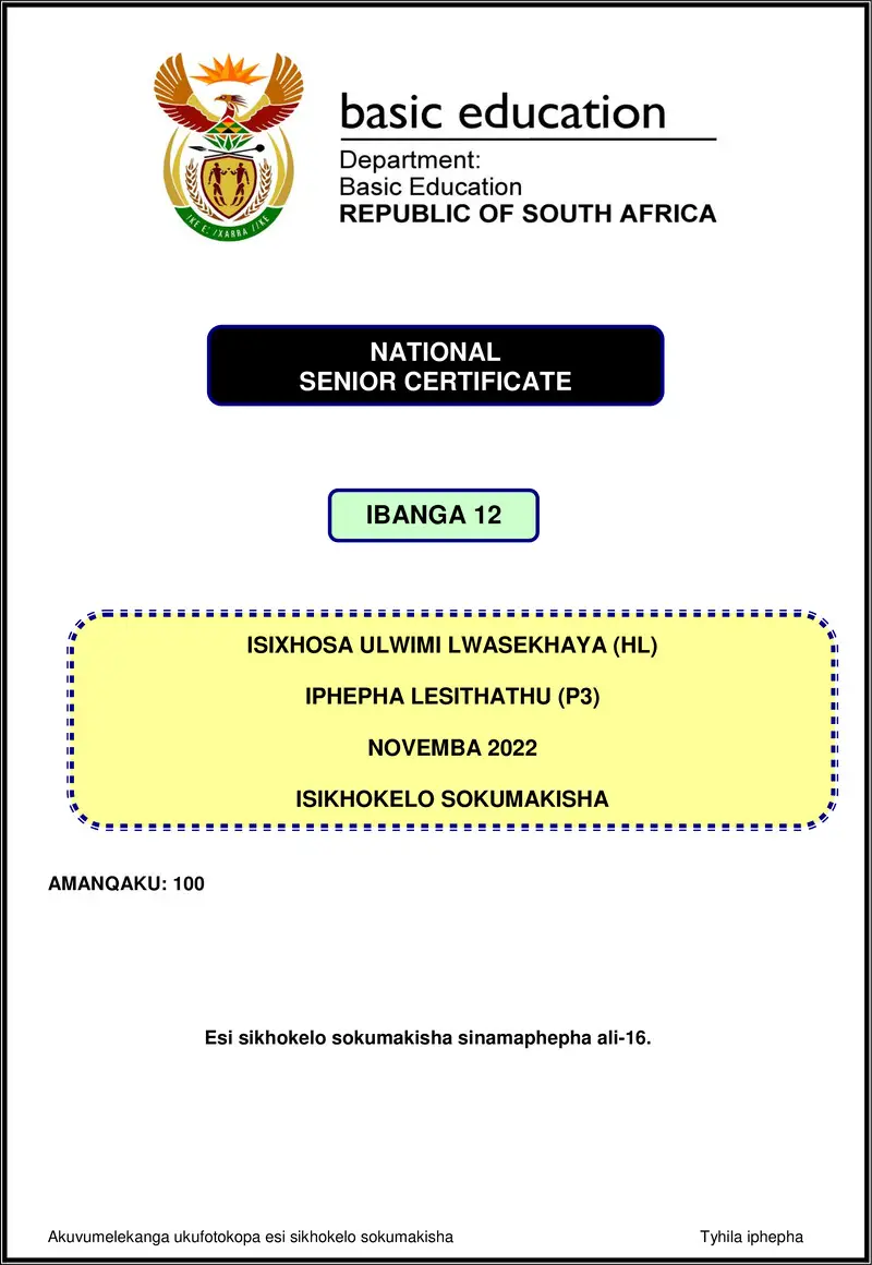Grade 12 isiXhosa past paper 2022 – isixhosa hl p3 nov 2022 mg gr12