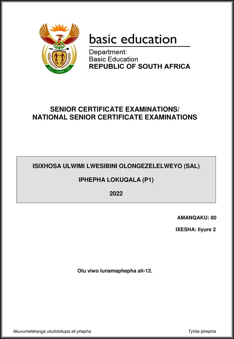 Grade 12 isiXhosa past paper 2022 – isixhosa sal p1 may june 2022 gr12