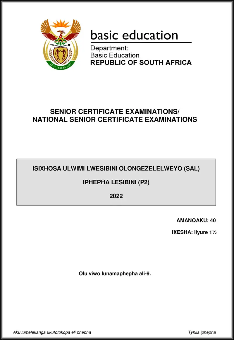 Grade 12 isiXhosa past paper 2022 – isixhosa sal p2 may june 2022 gr12