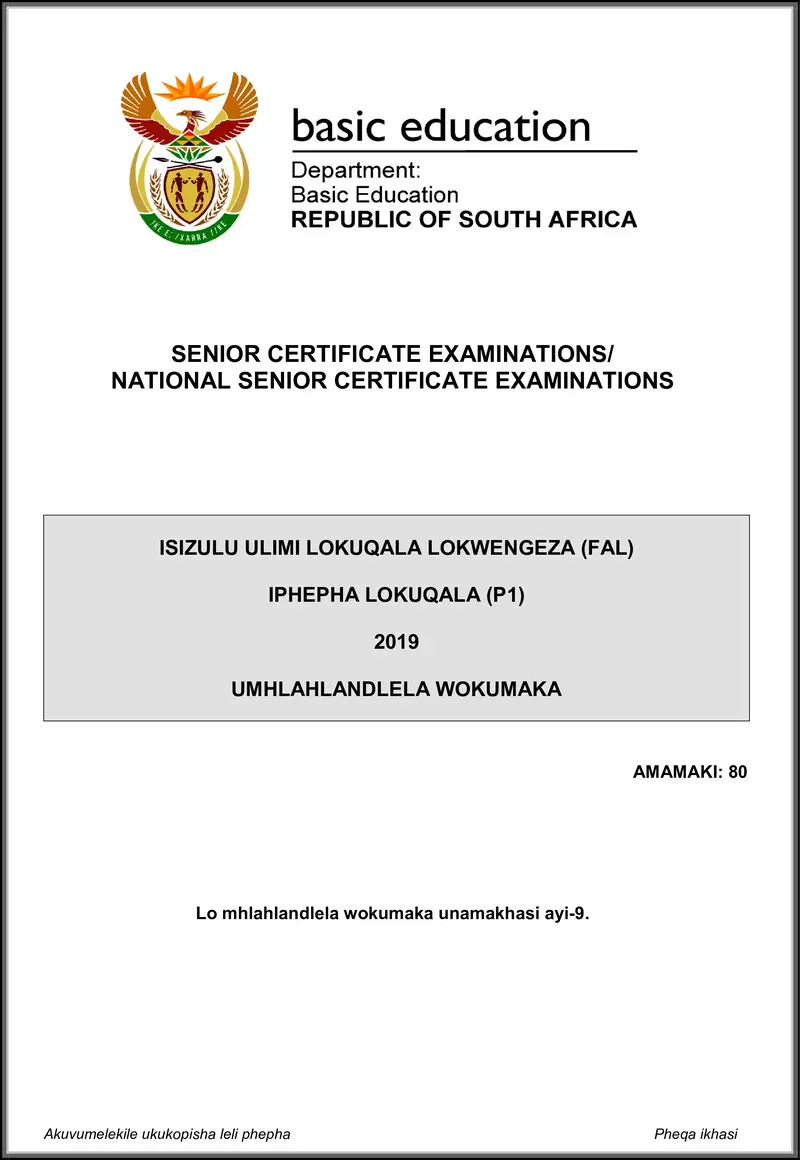 Grade 12 isiZulu past paper 2019 – isizulu fal p1 may june 2019 memo gr12