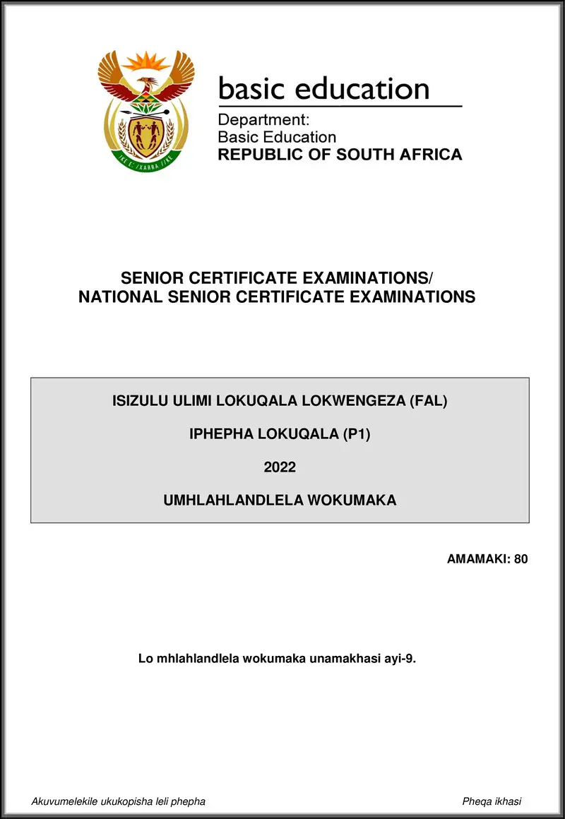 Grade 12 isiZulu past paper 2022 – isizulu fal p1 may june 2022 mg gr12