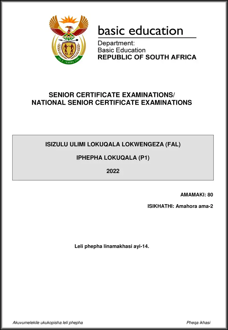 Grade 12 isiZulu past paper 2022 – isizulu fal p1 may june 2022 gr12