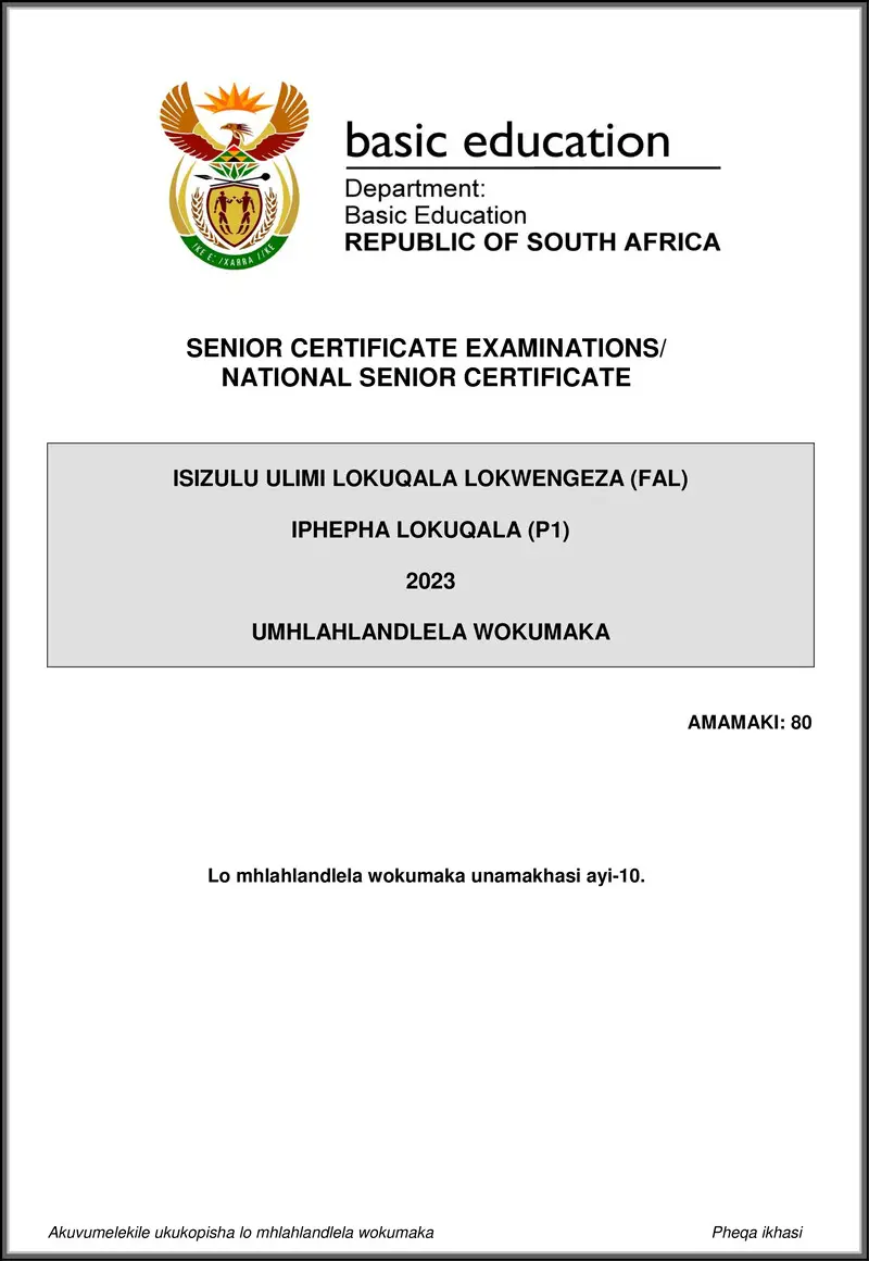 Grade 12 isiZulu past paper 2023 – isizulu fal p1 may june 2023 mg gr12