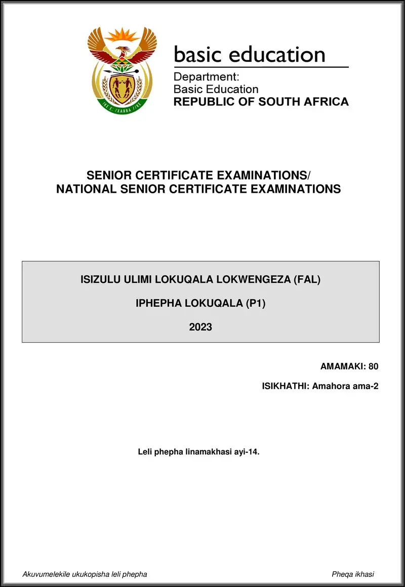 Grade 12 isiZulu past paper 2023 – isizulu fal p1 may june 2023 gr12