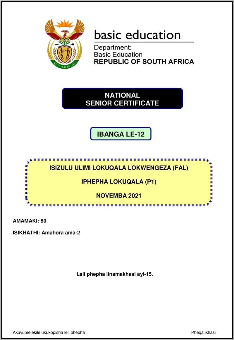 Grade 12 isiZulu past paper 2021 – isizulu fal p1 nov 2021 gr12