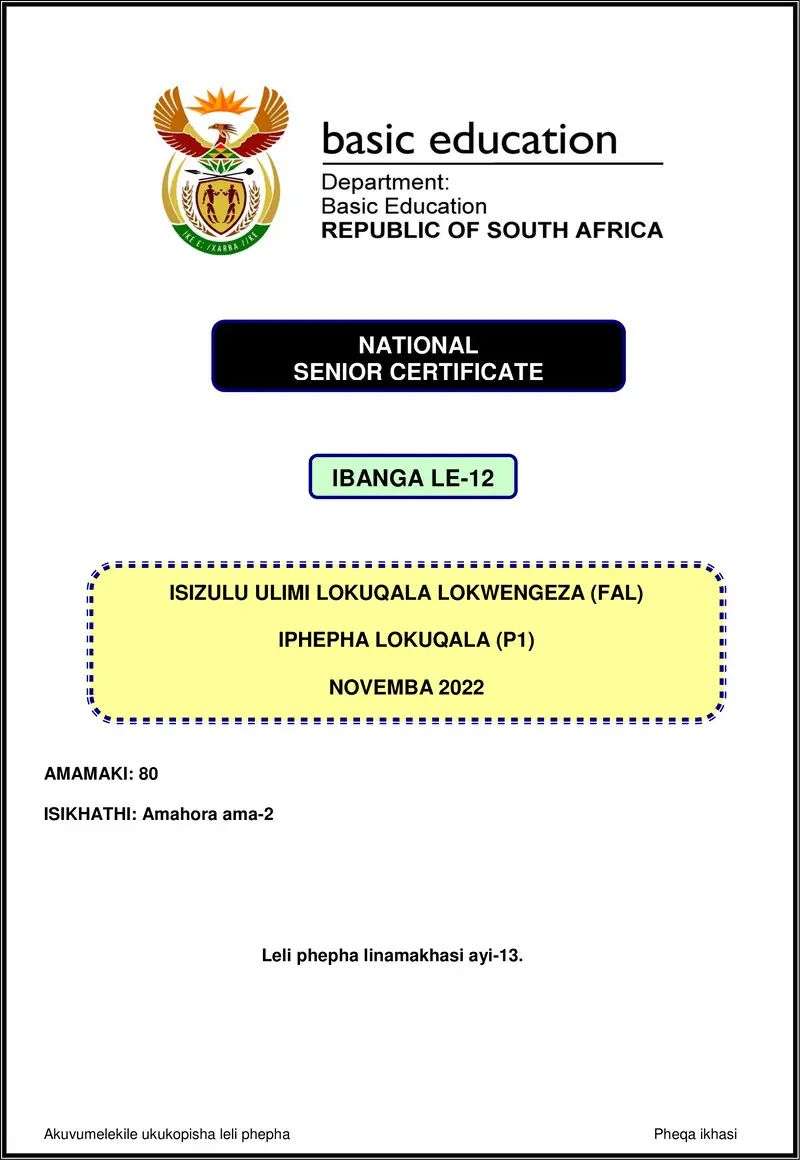 Grade 12 isiZulu past paper 2022 – isizulu fal p1 nov 2022 gr12