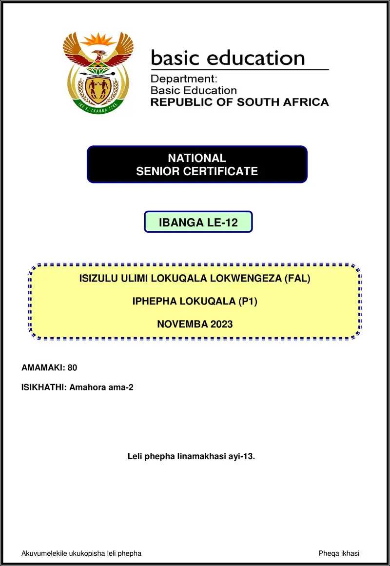 Grade 12 isiZulu past paper 2023 – isizulu fal p1 nov 2023 gr12