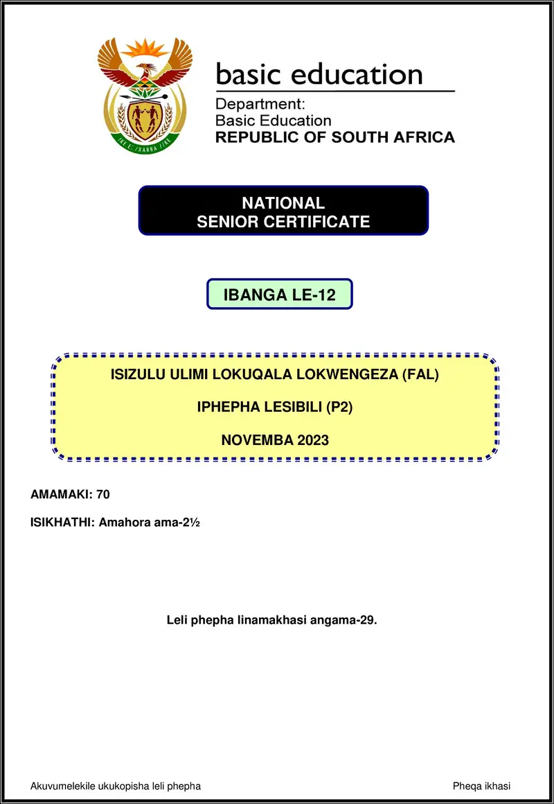 Grade 12 isiZulu past paper 2023 – isizulu fal p2 nov 2023 gr12