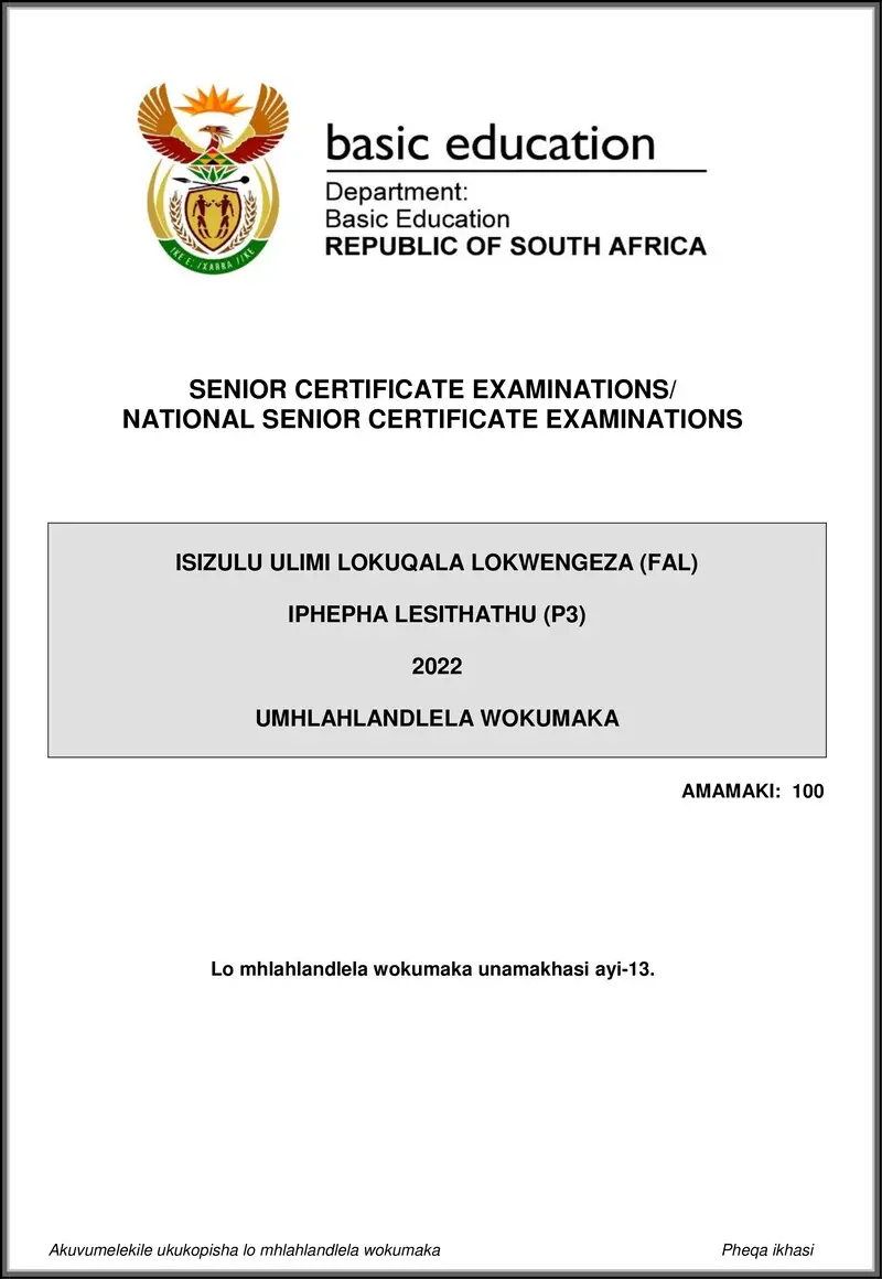 Grade 12 isiZulu past paper 2022 – isizulu fal p3 may june 2022 mg gr12