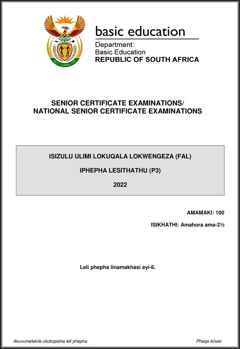 Grade 12 isiZulu past paper 2022 – isizulu fal p3 may june 2022 gr12