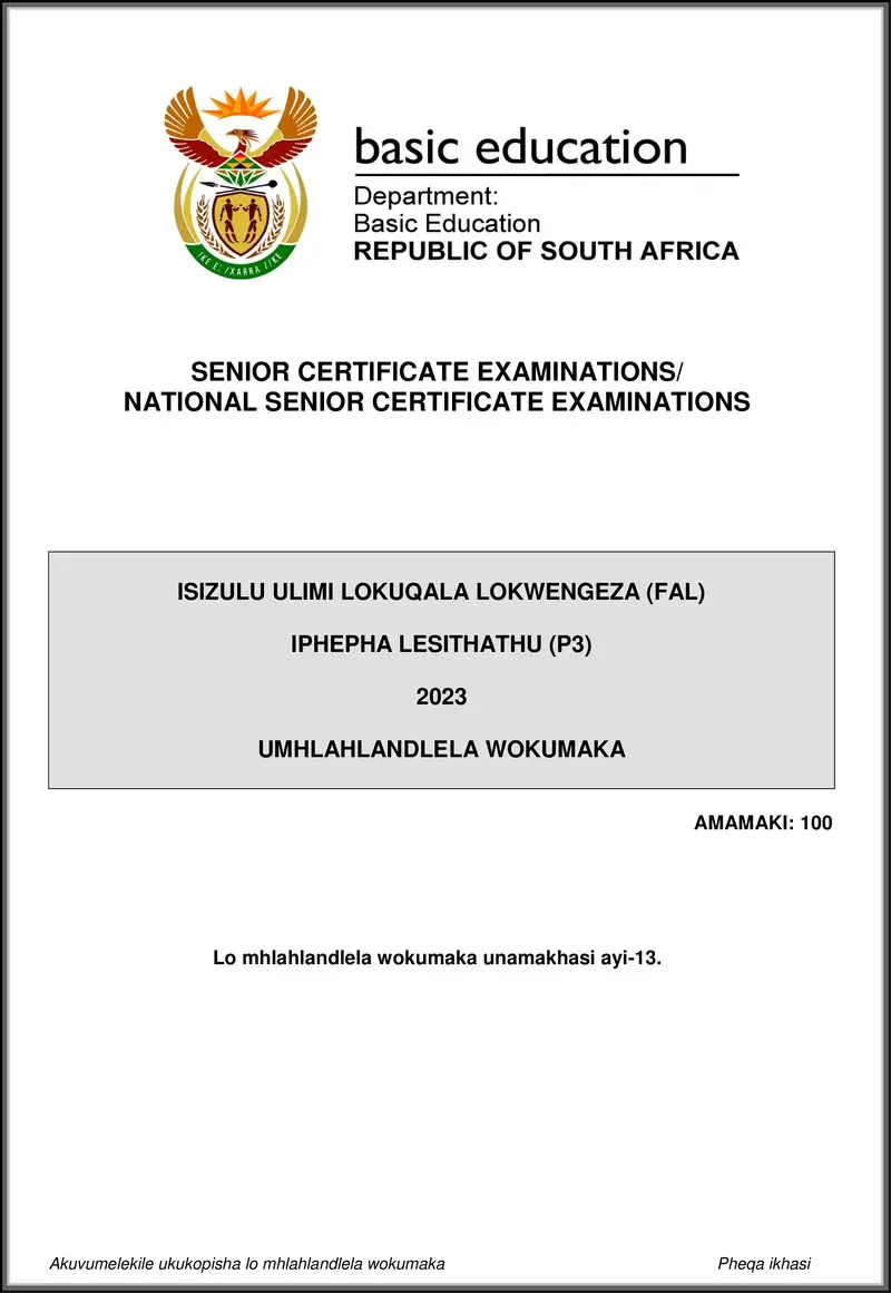 Grade 12 isiZulu past paper 2023 – isizulu fal p3 may june 2023 mg gr12
