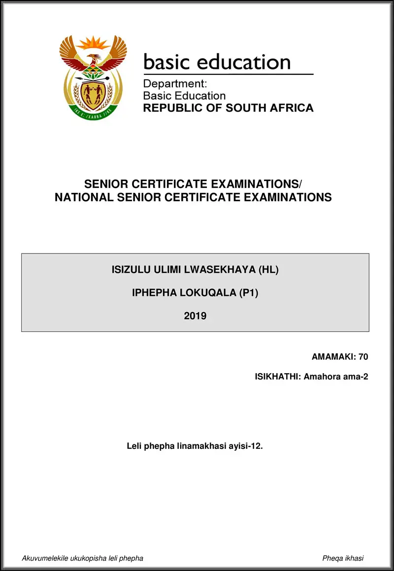 Grade 12 isiZulu past paper 2019 – isizulu hl p1 may june 2019 gr12