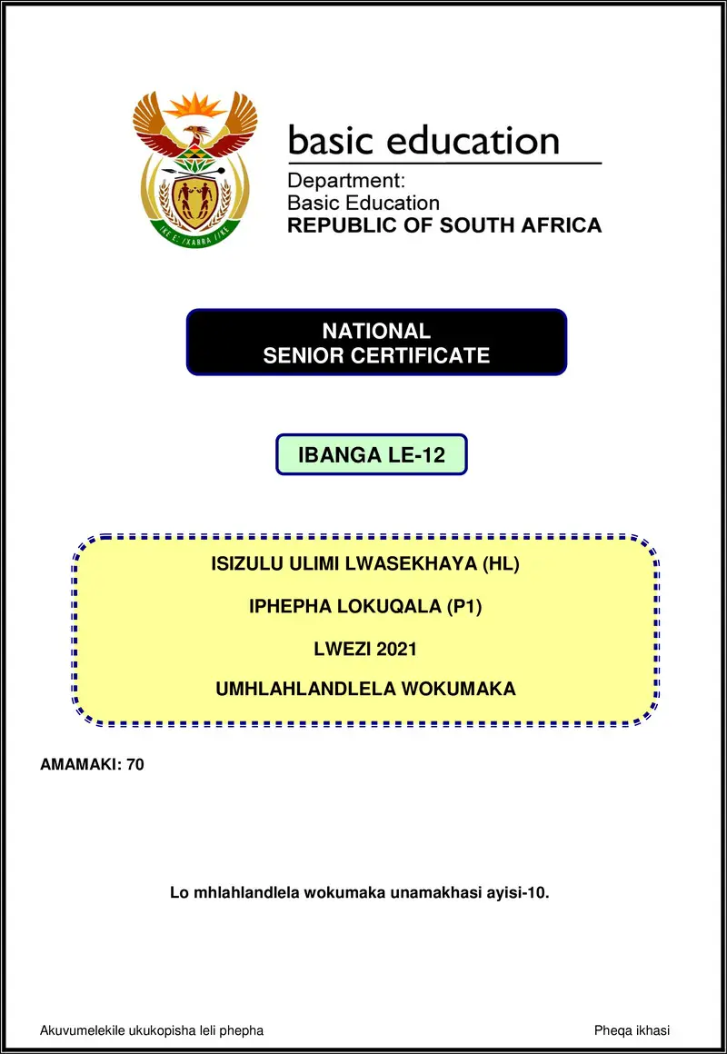 Grade 12 isiZulu past paper 2021 – isizulu hl p1 nov 2021 mg gr12