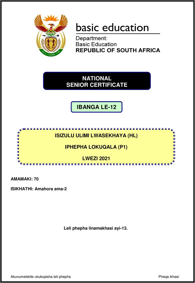 Grade 12 isiZulu past paper 2021 – isizulu hl p1 nov 2021 gr12