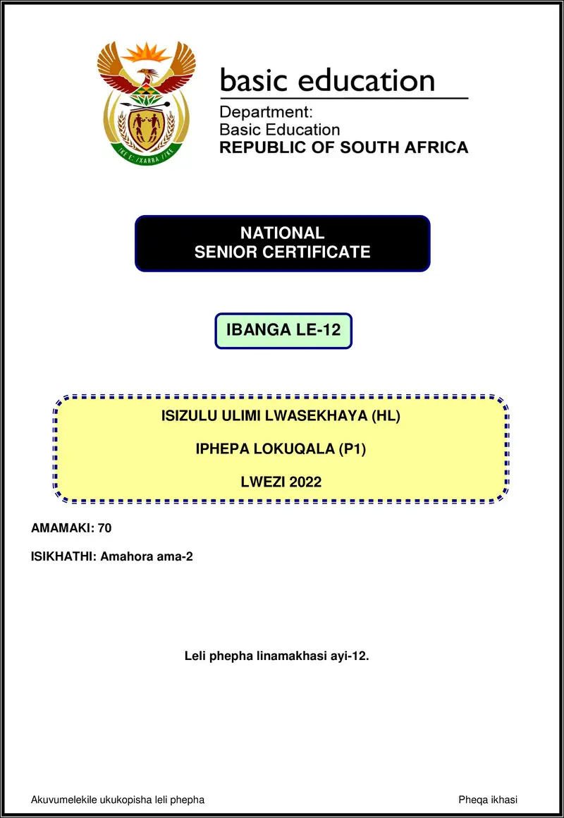 Grade 12 isiZulu past paper 2022 – isizulu hl p1 nov 2022 gr12