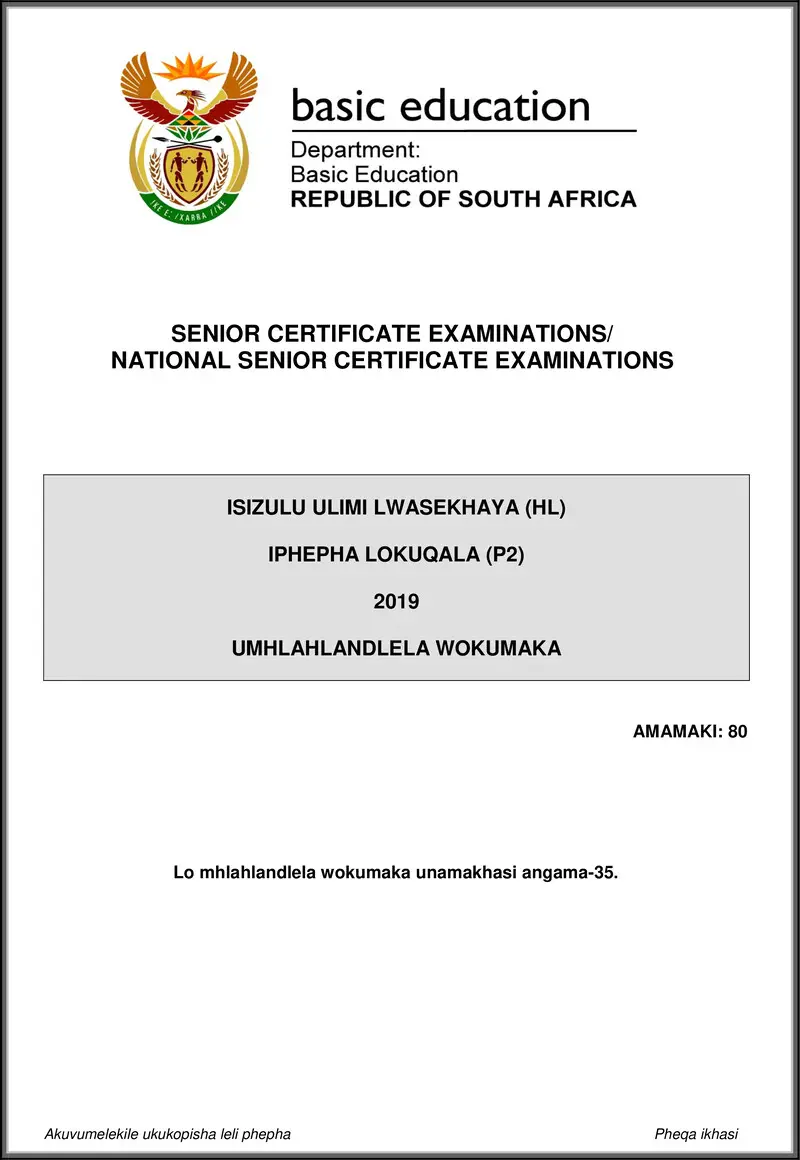 Grade 12 isiZulu past paper 2019 – isizulu hl p2 may june 2019 memo gr12