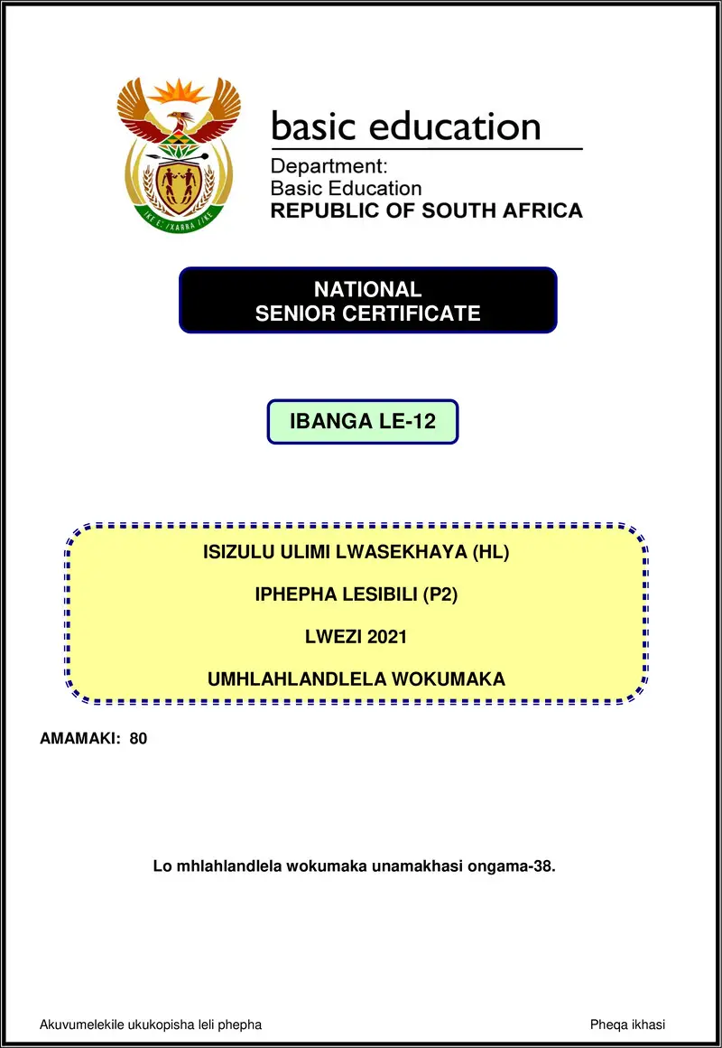 Grade 12 isiZulu past paper 2021 – isizulu hl p2 nov 2021 mg gr12