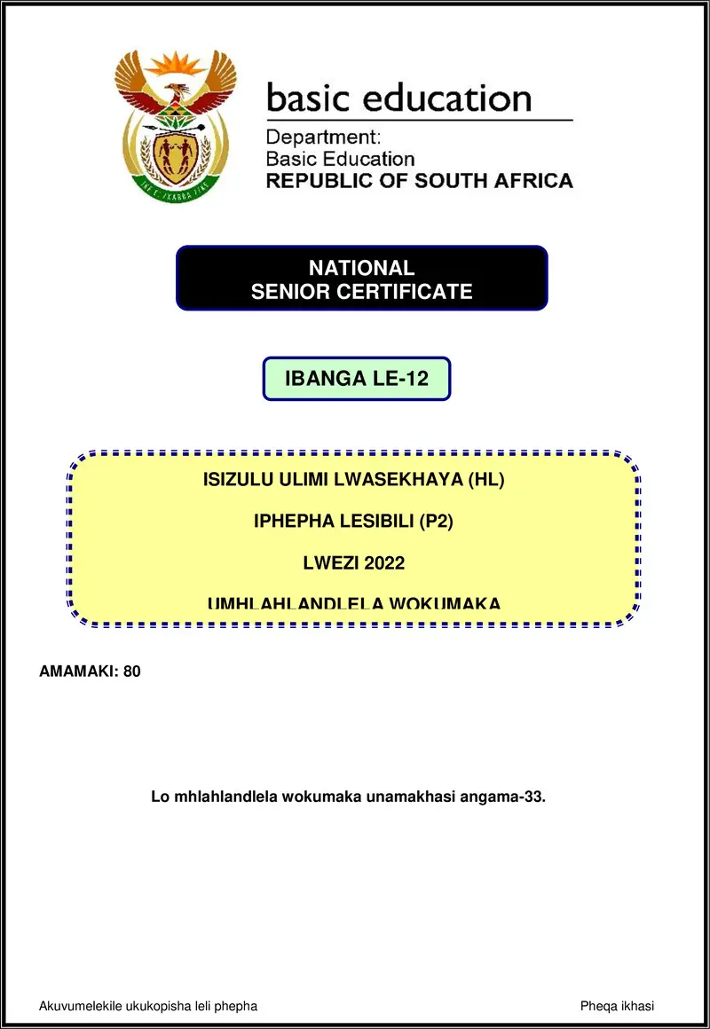 Grade 12 isiZulu past paper 2022 – isizulu hl p2 nov 2022 mg gr12