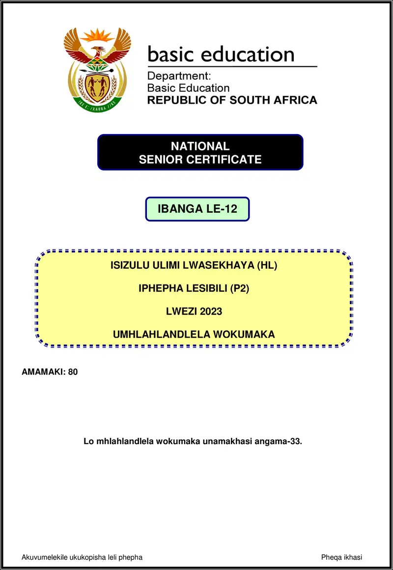 Grade 12 isiZulu past paper 2023 – isizulu hl p2 nov 2023 mg gr12