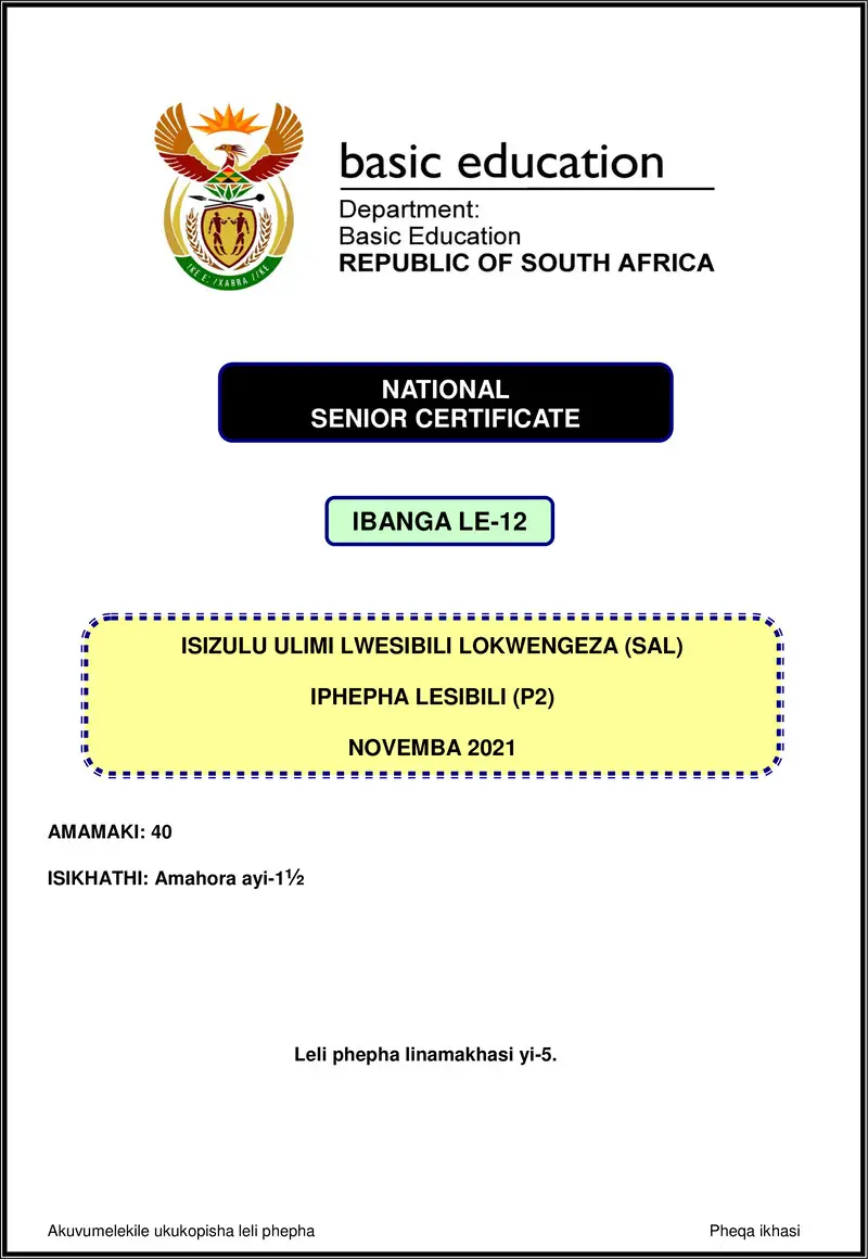 Grade 12 isiZulu past paper 2021 – isizulu sal p2 nov 2021 gr12