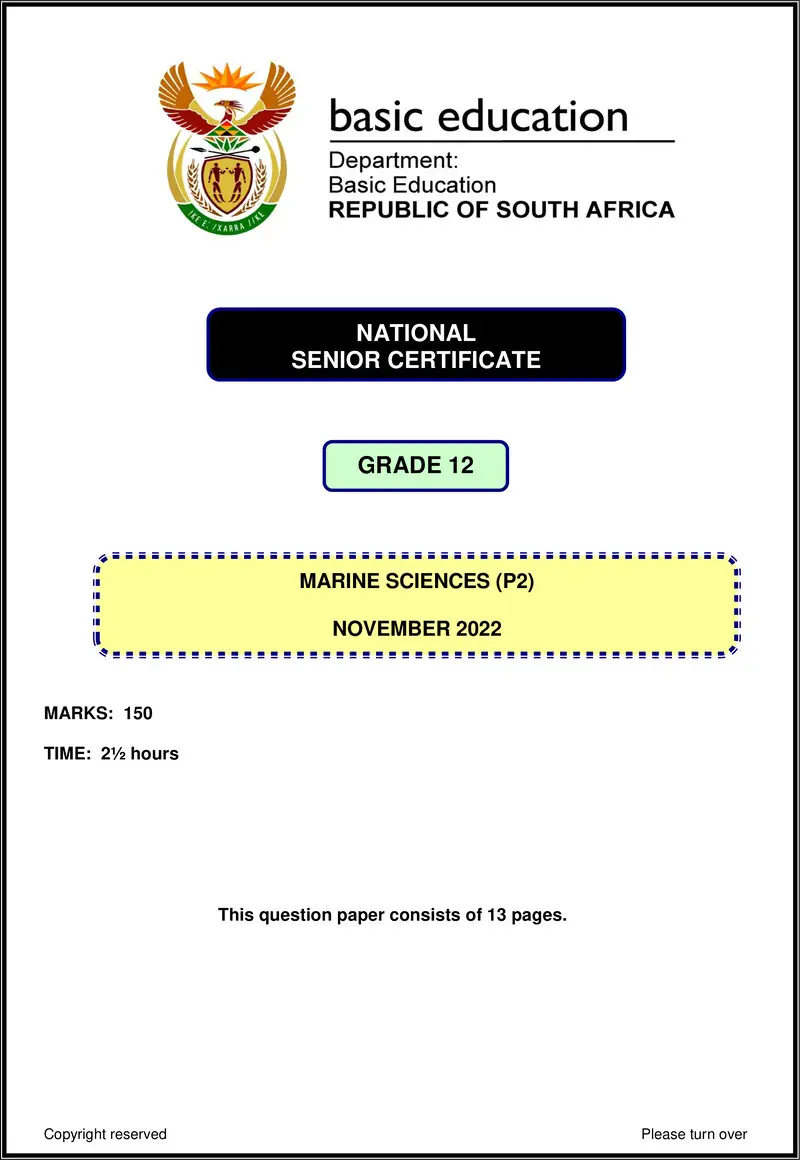 Grade 12 Marine Sciences past paper 2022 – marine sciences p2 nov 2022 eng gr12