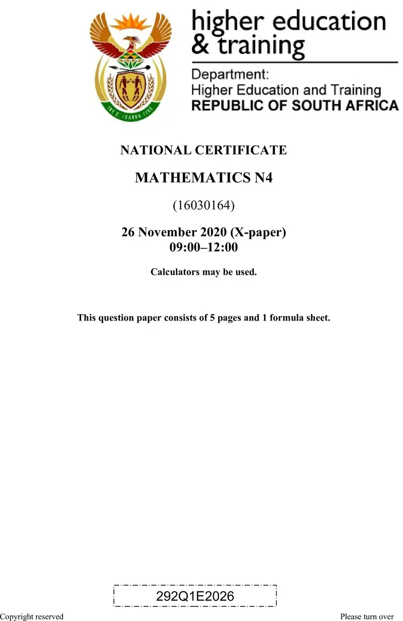 T1030 Mathematics N4 QP Aug 2020 preview