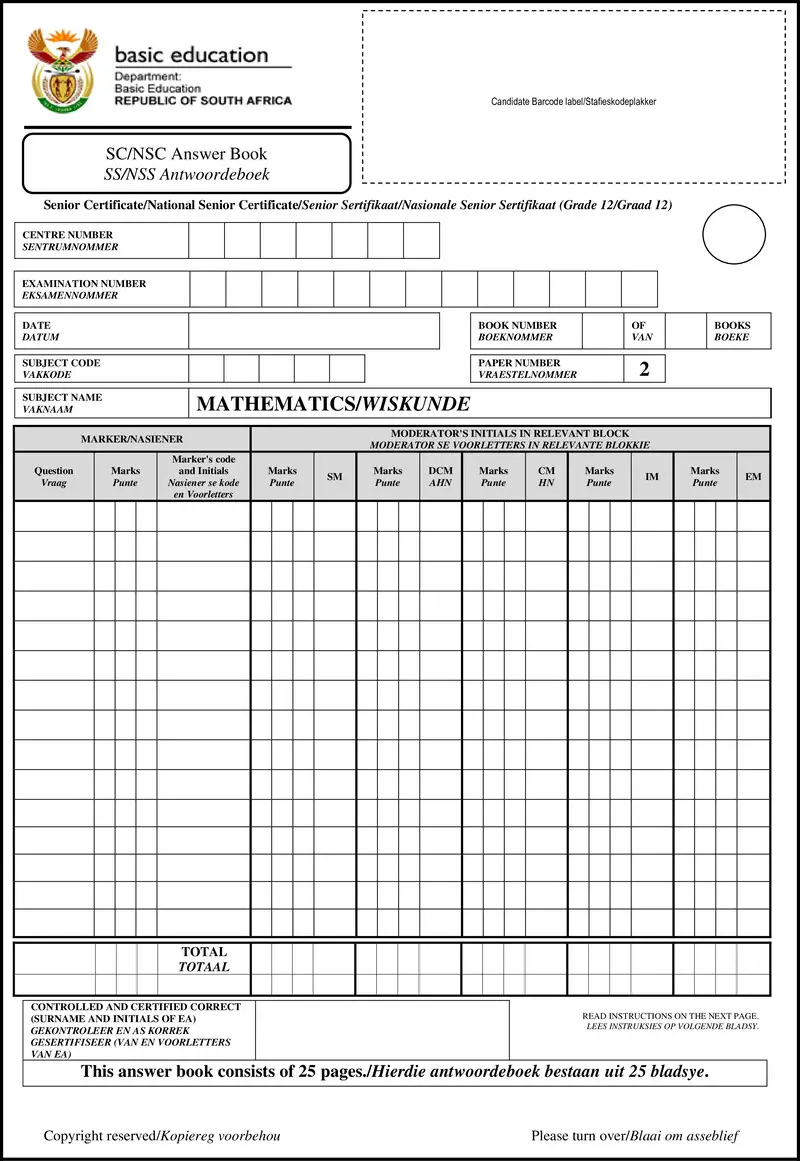 Grade 12 Mathematics past paper 2019 – mathematics p2 may june 2019 answer book afr eng gr12