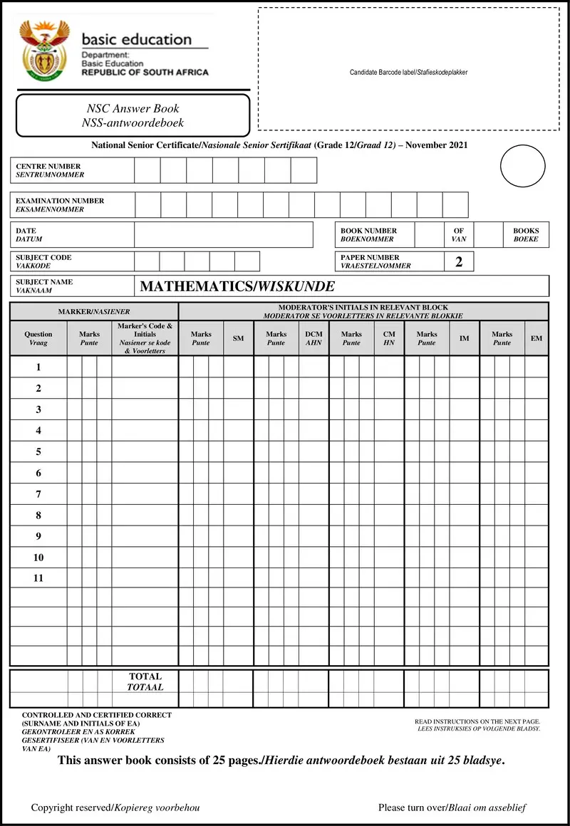 Grade 12 Mathematics past paper 2021 – mathematics p2 nov 2021 answer book eng afr gr12