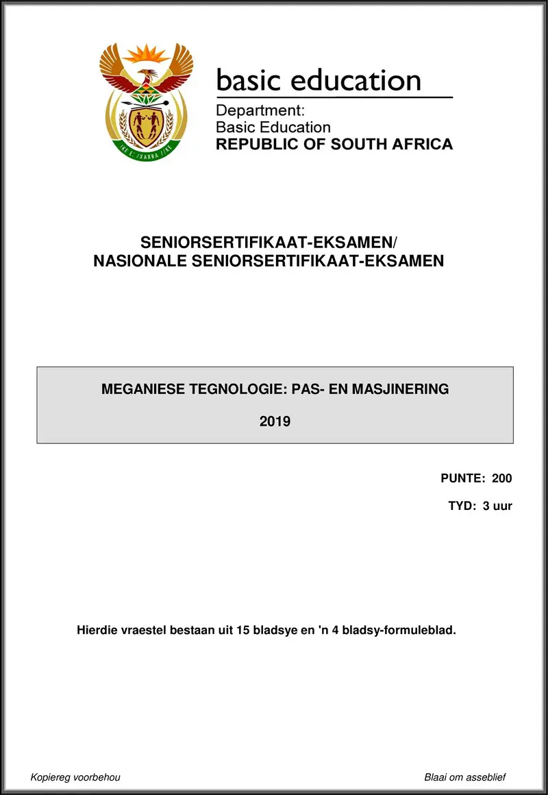 Grade 12 Mechanical Technology past paper 2019 – mechanical technology may june 2019 fitting machining afr gr12
