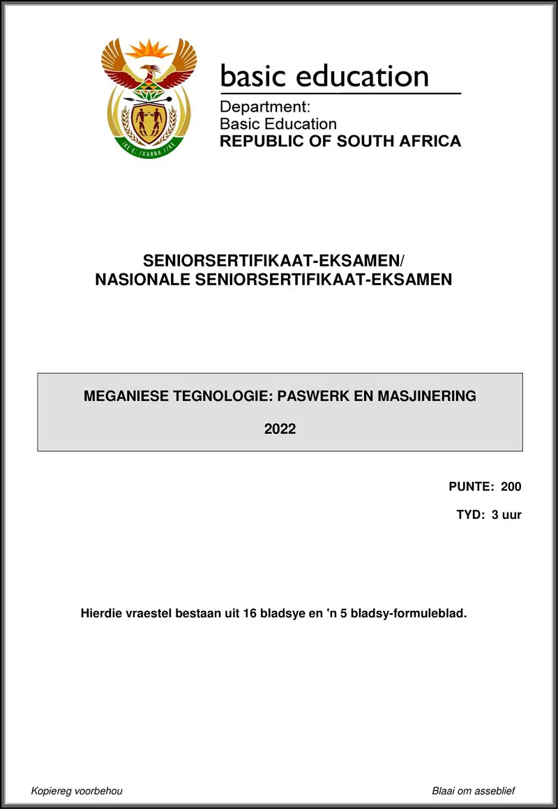 Grade 12 Mechanical Technology past paper 2022 – mechanical technology may june 2022 fitting and machining afr gr12