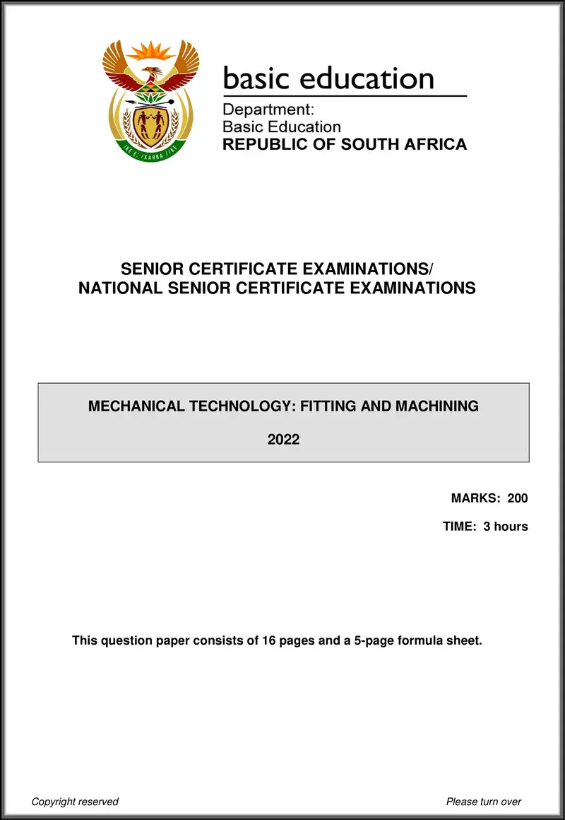 Grade 12 Mechanical Technology past paper 2022 – mechanical technology may june 2022 fitting and machining eng gr12